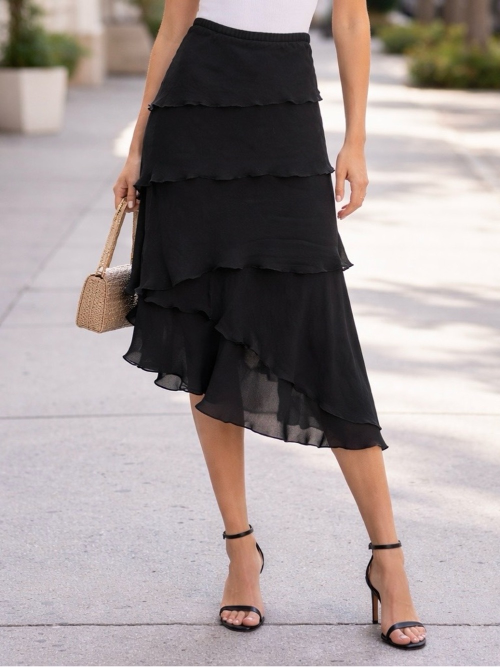 100% Silk Black Tiered Ruffle Skirt Size M (8) | Flowy Romantic Chic